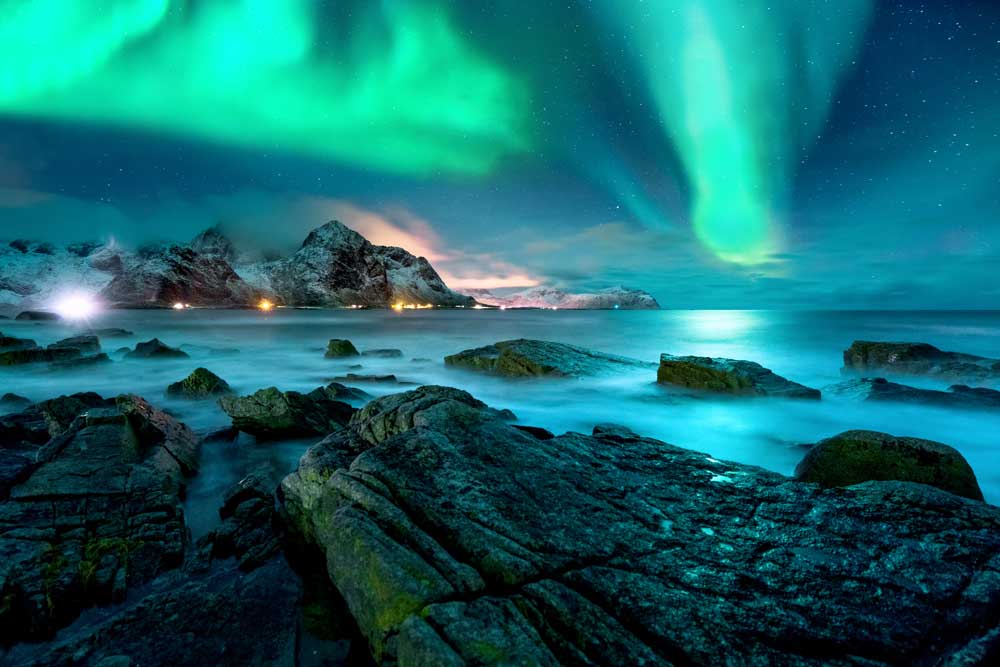 Aurora Borealis - Northern Lights over snowy islands of Lofoten (#AA_AURB_04)